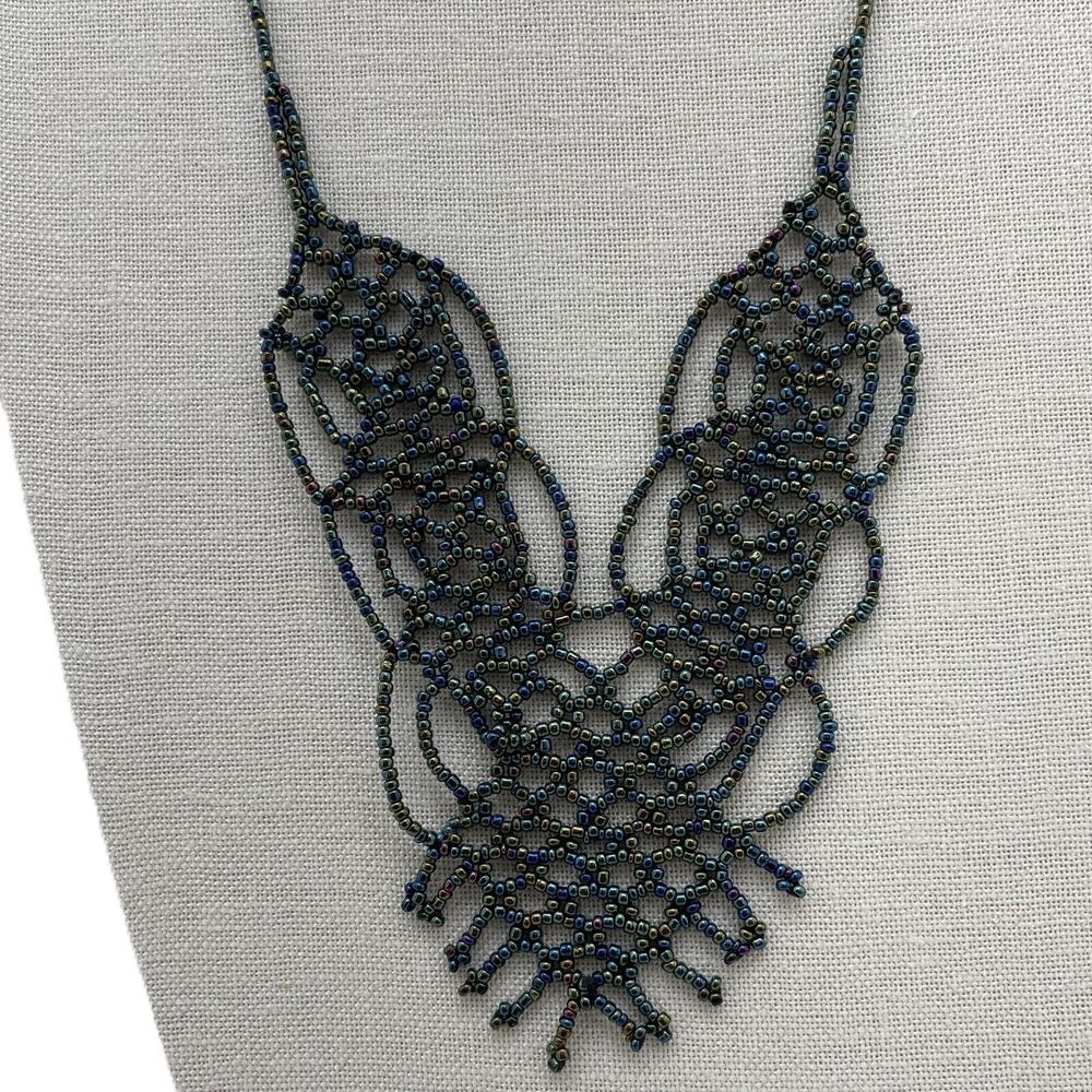 Petrol Purple Iridescent Beaded Bib Collar Necklace Costume Jewelry Statement